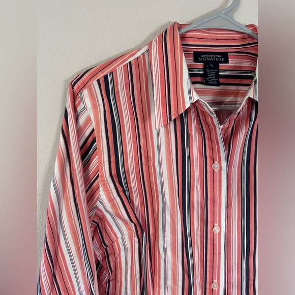 Jones New York Women's Signature Orange Long Sleeve Stripe Shirt Size L- RN54050 - Picture 1 of 6